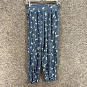 So Jogger Pants Women M Medium Blue Floral High Rise Flat Front Pull On Rayon